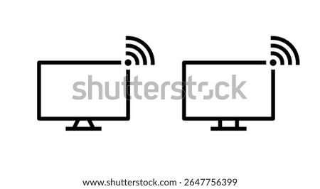 WIFI signal on computer screen icon in line style. Desktop PC monitor with wireless network symbol