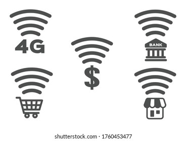 conjunto de iconos de los sensores de señal y WiFi para tienda y tienda / 4g tienda bancaria de compras y dinero