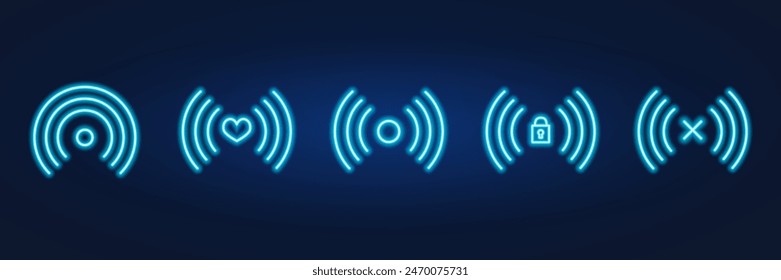 wifi signal set, wave communication, neon glow, heart and lock icons