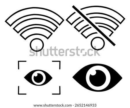 Wifi Signal Silhouette Icon Set crossed out and not, Plain eye icon and Eye Icon with line 4 Tick and cross icons, isolated on white background	