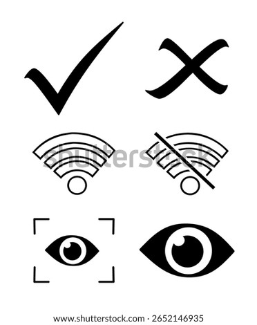 Wifi Signal Silhouette Icon Set crossed out and not, Plain eye icon and Eye Icon with line 4 Tick and cross icons, isolated on white background	