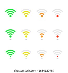 Wi-fi signal strength on white template. Maximum, medium, minimum wireless strength signal. Connection antenna of router. Green, yellow, orange, red indicator. High, low level signal. Free set. Vector