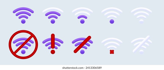Wifi-Signalstärke in der drahtlosen 3D-Symbolsammlung. Keine Wi-Fi, ohne Wi-Fi-Handy Vektor. Konzept der drahtlosen und drahtlosen Netzwerkverbindung. Vektorgrafik.