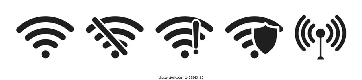 Wi-fi signal symbol. Wireless and wifi icon. Bar of satellites for mobile, radio, computer. Hotspot. Set of sign for connect of network.