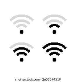 Modelos de sinal Wi-Fi em estilo pixel art. Símbolo de conexão sem fio preto sólido. Internet, rede, etiquetas. Isolado no fundo branco.