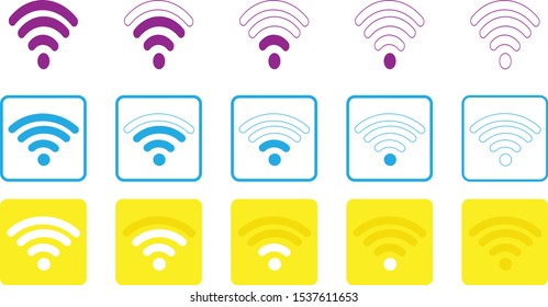 WiFi signal vector icon set on white background in minimalistic airport style design for web icon and button usage in different coulours