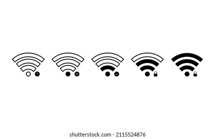 Wifi or wi-fi signal, wireless connection black icons set. Wlan access. Trendy flat isolated symbol, sign for: illustration, outline, logo,banner, mobile, app, webdesign, dev, ui, gui. Vector EPS 10 