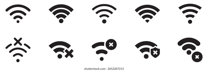 sinal Wi-Fi. Símbolo da Internet sem fio. Conjunto de sinais para conexão de rede. conjunto de ícones sem fio e wifi. Definição de ícones da intensidade do sinal WiFi. Símbolos de conectividade de rede sem fio. Conexão com a Internet. 