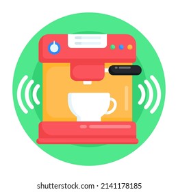 Wifi Signals With Espresso Machine, Flat Design Icon Of Smart Coffee Maker 

