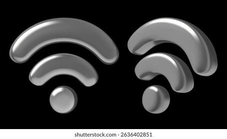 Ícones realistas 3D prateados Wi-Fi no plano de fundo preto. Ilustração vetorial.