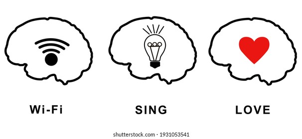Wi-Fi, Sing, Love in  the brain icons concept. T-shirt design, slogan for shirt print. Vector