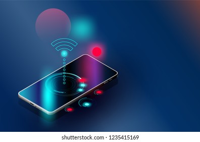 Wi-Fi smartphones, security controls Vector futuristic Smart home technology controlling protection system With space for content,web- template, business tech presentation  appliances via internet