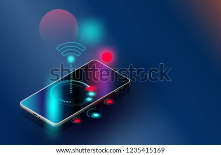 Wi-Fi smartphones, security controls Vector futuristic Smart home technology controlling protection system With space for content,web- template, business tech presentation  appliances via internet