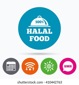 Wifi, Sms and calendar icons. 100% Halal food product sign icon. Natural Muslims food symbol. Go to web globe.
