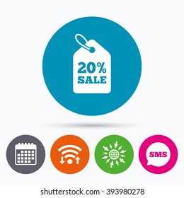 Wifi, Sms and calendar icons. 20% sale price tag sign icon. Discount symbol. Special offer label. Go to web globe.