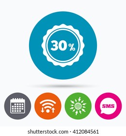 Wifi, Sms and calendar icons. 30 percent discount sign icon. Sale symbol. Special offer label. Go to web globe.