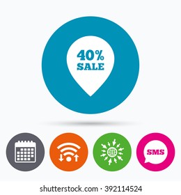 Wifi, Sms and calendar icons. 40% sale pointer tag sign icon. Discount symbol. Special offer label. Go to web globe.