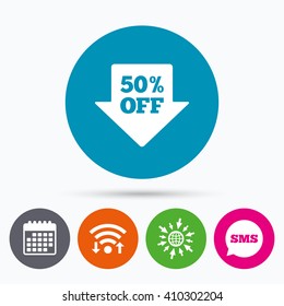 Wifi, Sms and calendar icons. 50% sale arrow tag sign icon. Discount symbol. Special offer label. Go to web globe.