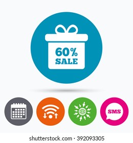 Wifi, Sms and calendar icons. 60% sale gift box tag sign icon. Discount symbol. Special offer label. Go to web globe.