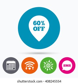 Wifi, Sms and calendar icons. 60% sale pointer tag sign icon. Discount symbol. Special offer label. Go to web globe.
