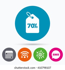 Wifi, Sms and calendar icons. 70% sale price tag sign icon. Discount symbol. Special offer label. Go to web globe.