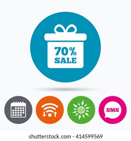 Wifi, Sms and calendar icons. 70% sale gift box tag sign icon. Discount symbol. Special offer label. Go to web globe.