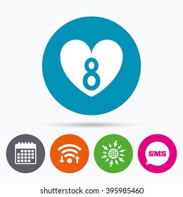Wifi, Sms and calendar icons. 8 March Women's Day sign icon. Heart symbol. Go to web globe.