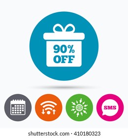Wifi, Sms and calendar icons. 90% sale gift box tag sign icon. Discount symbol. Special offer label. Go to web globe.