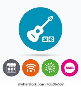 Wifi, Sms and calendar icons. Acoustic guitar sign icon. Paid music symbol. Go to web globe.