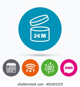 Wifi, Sms and calendar icons. After opening use 24 months sign icon. Expiration date. Go to web globe.