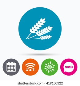 Wifi, Sms and calendar icons. Agricultural sign icon. Gluten free or No gluten symbol. Go to web globe.