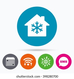 Wifi, Sms and calendar icons. Air conditioning indoors icon. Snowflake sign. Go to web globe.