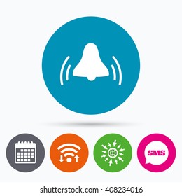 Wifi, Sms and calendar icons. Alarm bell sign icon. Wake up alarm symbol. Go to web globe.