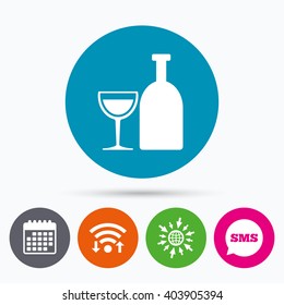 Wifi, Sms and calendar icons. Alcohol sign icon. Drink symbol. Bottle with glass. Go to web globe.