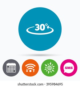 Wifi, Sms and calendar icons. Angle 30 degrees sign icon. Geometry math symbol. Go to web globe.