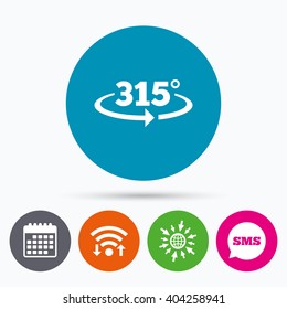 Wifi, Sms and calendar icons. Angle 315 degrees sign icon. Geometry math symbol. Go to web globe.