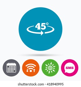 Wifi, Sms and calendar icons. Angle 45 degrees sign icon. Geometry math symbol. Go to web globe.