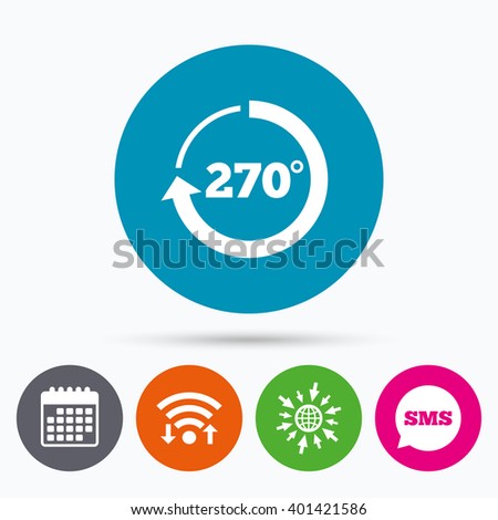 Wifi, Sms and calendar icons. Angle 270 degrees sign icon. Geometry math symbol. Go to web globe.