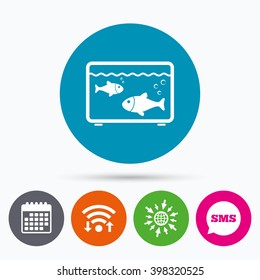 Wifi, Sms and calendar icons. Aquarium sign icon. Fish in water symbol. Go to web globe.