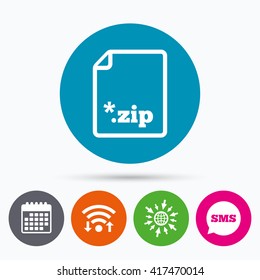 Wifi, Sms and calendar icons. Archive file icon. Download compressed file button. ZIP zipped file extension symbol. Go to web globe.