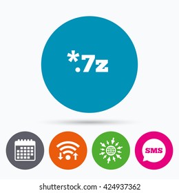Wifi, Sms and calendar icons. Archive file icon. Download compressed file button. 7z zipped file extension symbol. Go to web globe.