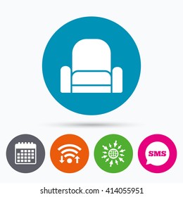 Wifi, Sms and calendar icons. Armchair sign icon. Modern furniture symbol. Go to web globe.