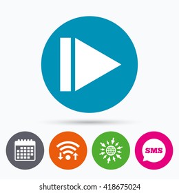 Wifi, Sms and calendar icons. Arrow sign icon. Next button. Navigation symbol. Go to web globe.