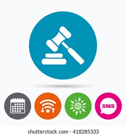 Wifi, Sms and calendar icons. Auction hammer icon. Law judge gavel symbol. Go to web globe.
