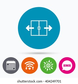 Wifi, Sms and calendar icons. Automatic door sign icon. Auto open symbol. Go to web globe.