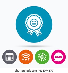 Wifi, Sms and calendar icons. Award smile icon. Happy face medal symbol. Go to web globe.