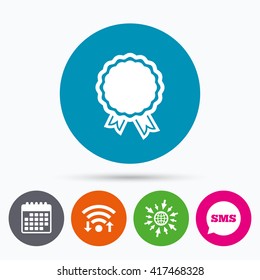 Wifi, Sms and calendar icons. Award icon. Best guarantee symbol. Winner achievement sign. Go to web globe.