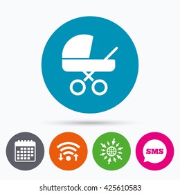 Wifi, Sms and calendar icons. Baby pram stroller sign icon. Baby buggy. Baby carriage symbol. Go to web globe.