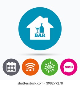 Wifi, Sms and calendar icons. Bar or Pub sign icon. Wine bottle and Glass symbol. Alcohol drink symbol. Go to web globe.