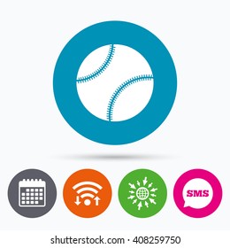 Wifi, Sms and calendar icons. Baseball ball sign icon. Sport symbol. Go to web globe.